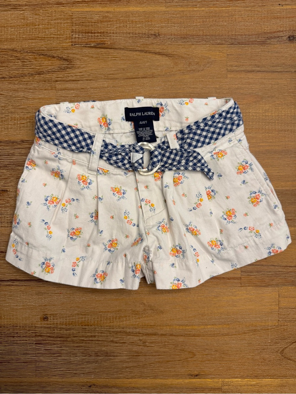 Ralph Lauren White Floral Cotton High-Waist Shorts with Blue Gingham Belt 4T